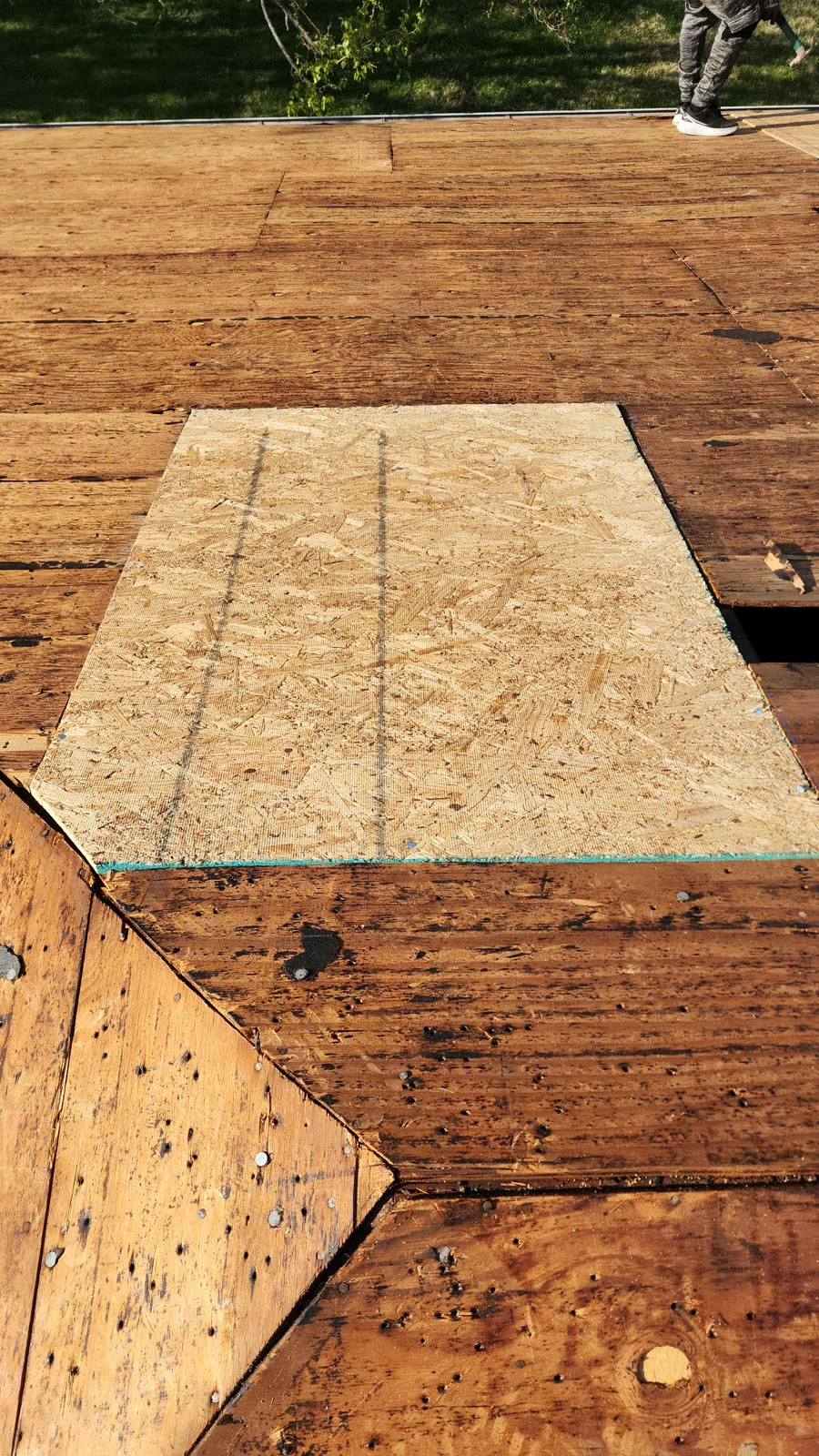 Roof decking with new OSB patch repair before shingle install